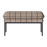 Beige upholstered ottoman with black grid pattern and sleek metal legs. Modern design for stylish interiors.