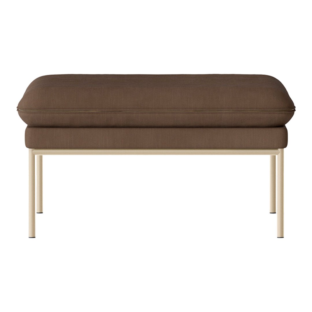 Brown upholstered ottoman with a smooth texture and sleek beige metal legs. Modern and minimalist design.