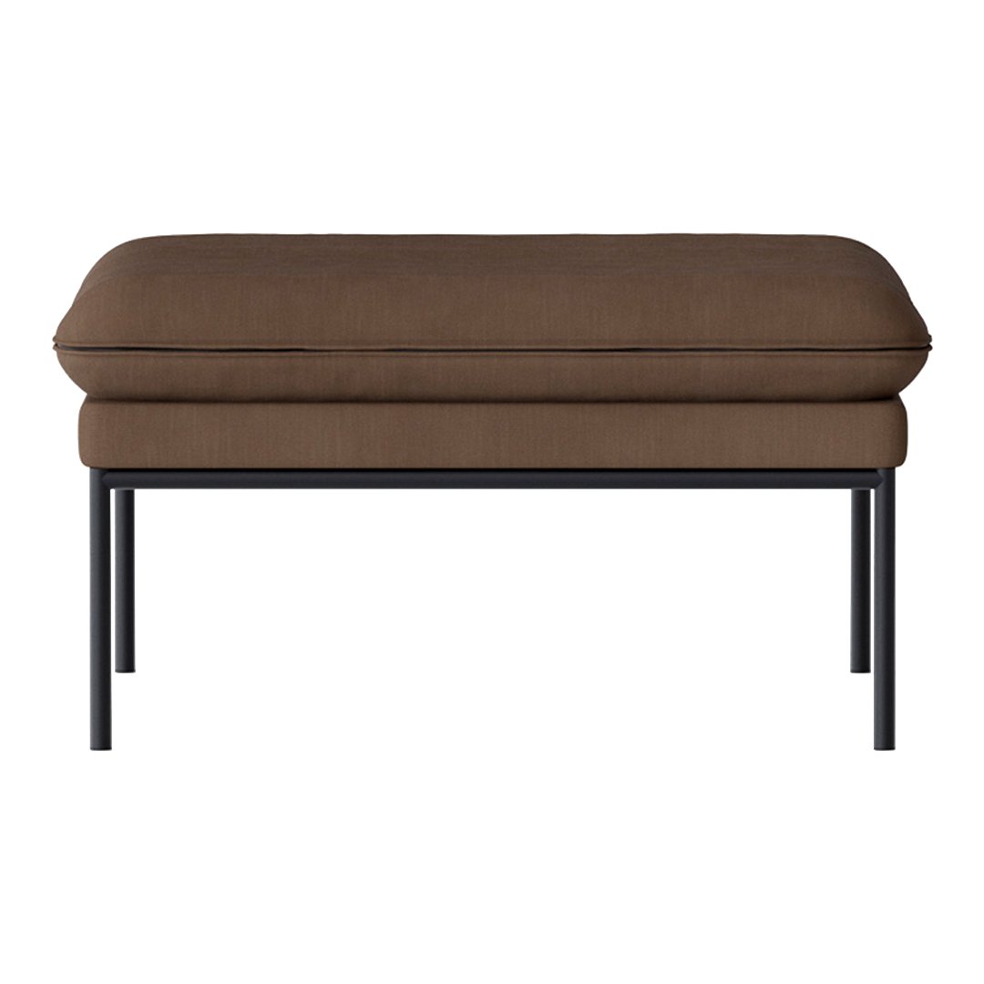 Brown upholstered ottoman with a smooth texture, supported by a minimalist black metal frame.