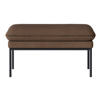 Brown upholstered ottoman with a smooth texture, supported by a minimalist black metal frame.
