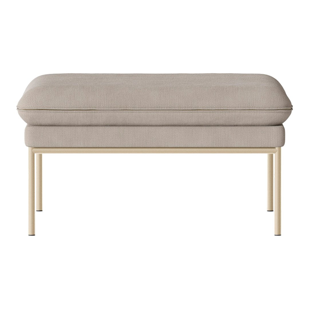 Light beige upholstered ottoman with a smooth texture and gold metal legs, offering modern simplicity and elegance.