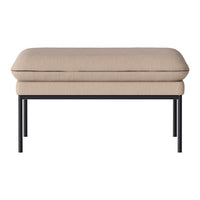 Beige upholstered ottoman with a smooth, minimalist design and black metal legs. Perfect for modern decor.