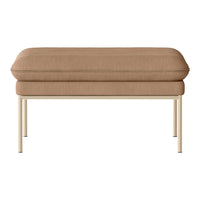 Brown upholstered ottoman with a smooth texture and cream-colored metal legs. Ideal for modern decor.