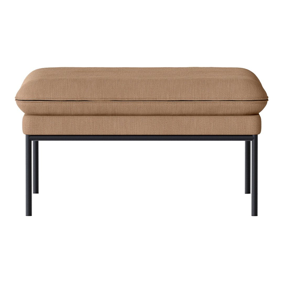 "Stylish beige upholstered ottoman with sleek black metal legs, featuring a smooth, solid color design."