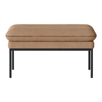 "Stylish beige upholstered ottoman with sleek black metal legs, featuring a smooth, solid color design."