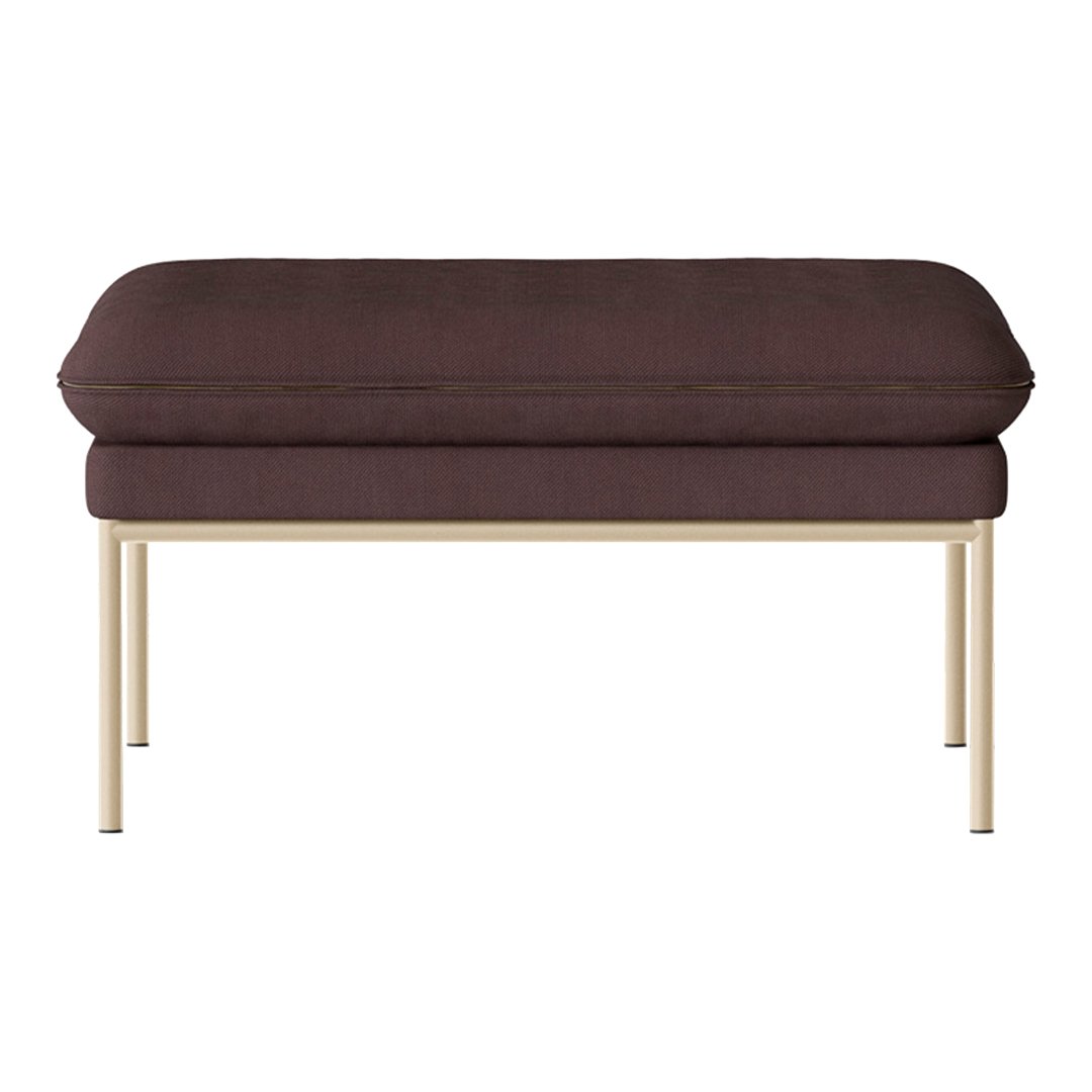 Brown cushioned ottoman with a sleek gold metal frame, showcasing a modern, minimalist design.