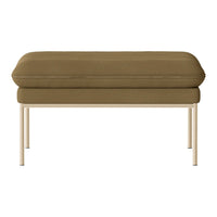 Brown upholstered ottoman with a smooth texture and sleek metal legs. Ideal for modern decor.