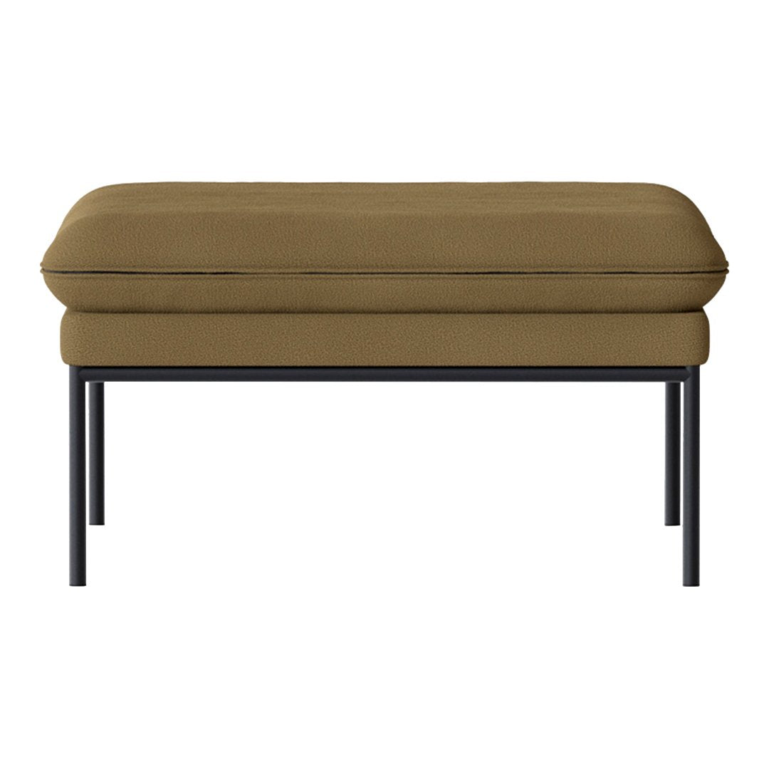 Olive green upholstered ottoman with a sleek black metal frame, featuring a smooth, minimalist design.