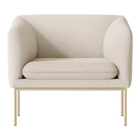 Beige upholstered armchair with smooth texture and minimalist design, featuring sleek gold legs. Ideal for modern decor.