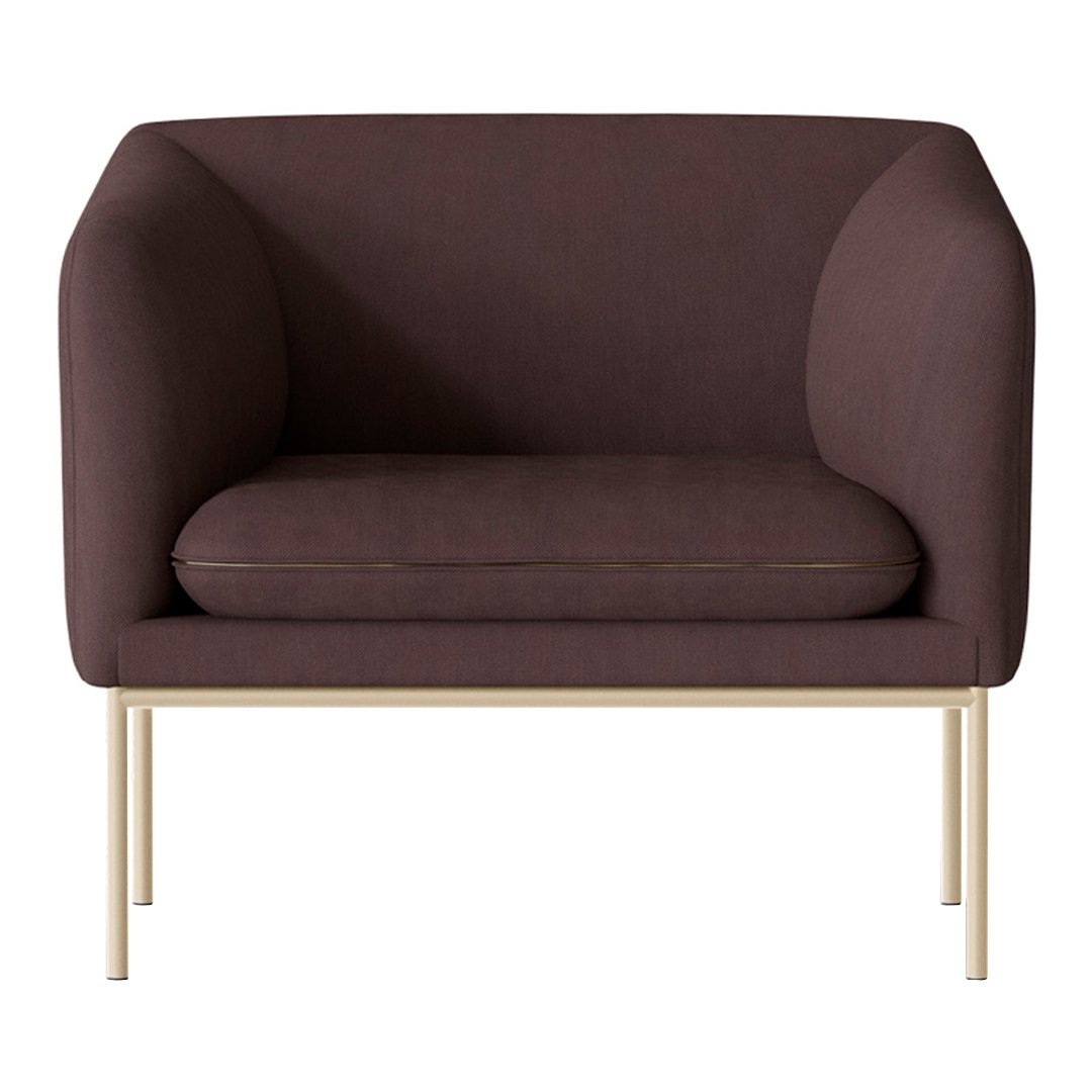 Brown fabric accent chair with smooth curves and gold metal legs, perfect for modern decor.