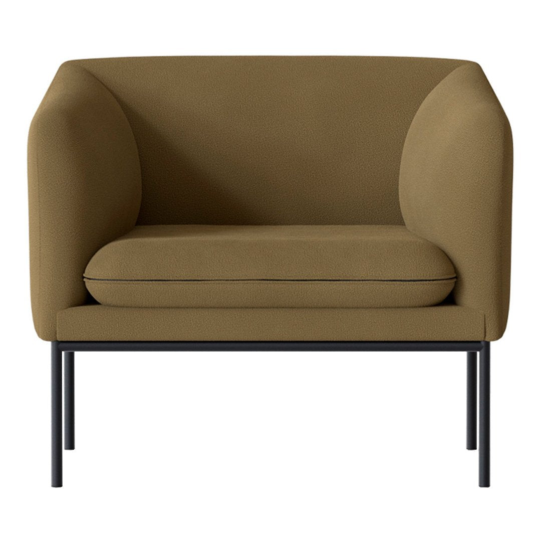 Olive green, minimalist armchair with soft curves and a sleek black metal frame. Perfect for modern decor.