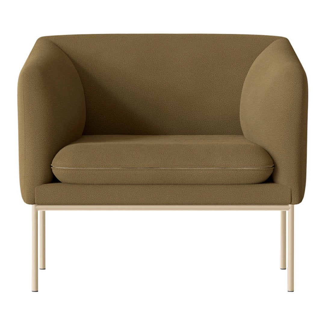 Olive green armchair with smooth fabric, rounded arms, and minimalist beige metal legs.
