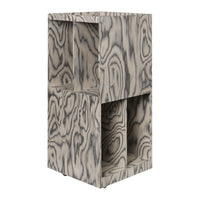 Gray and black wood grain pattern with a modern, geometric design in a cube shape.