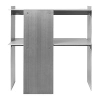 Sleek silver metal console table with a minimalist design and clean lines, featuring two open shelves.
