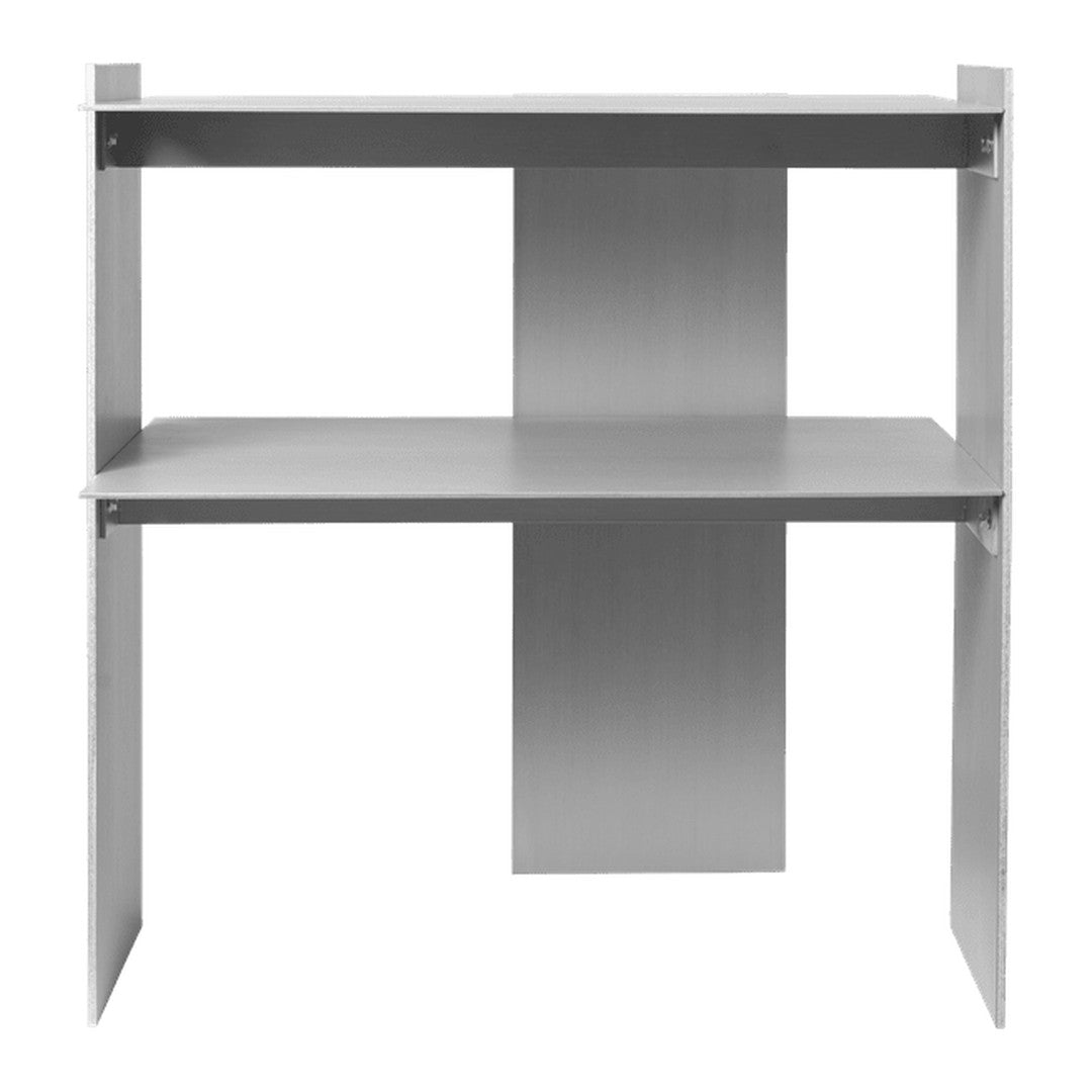 Minimalist gray metal shelf with clean lines and a sleek design, featuring two spacious tiers for storage.