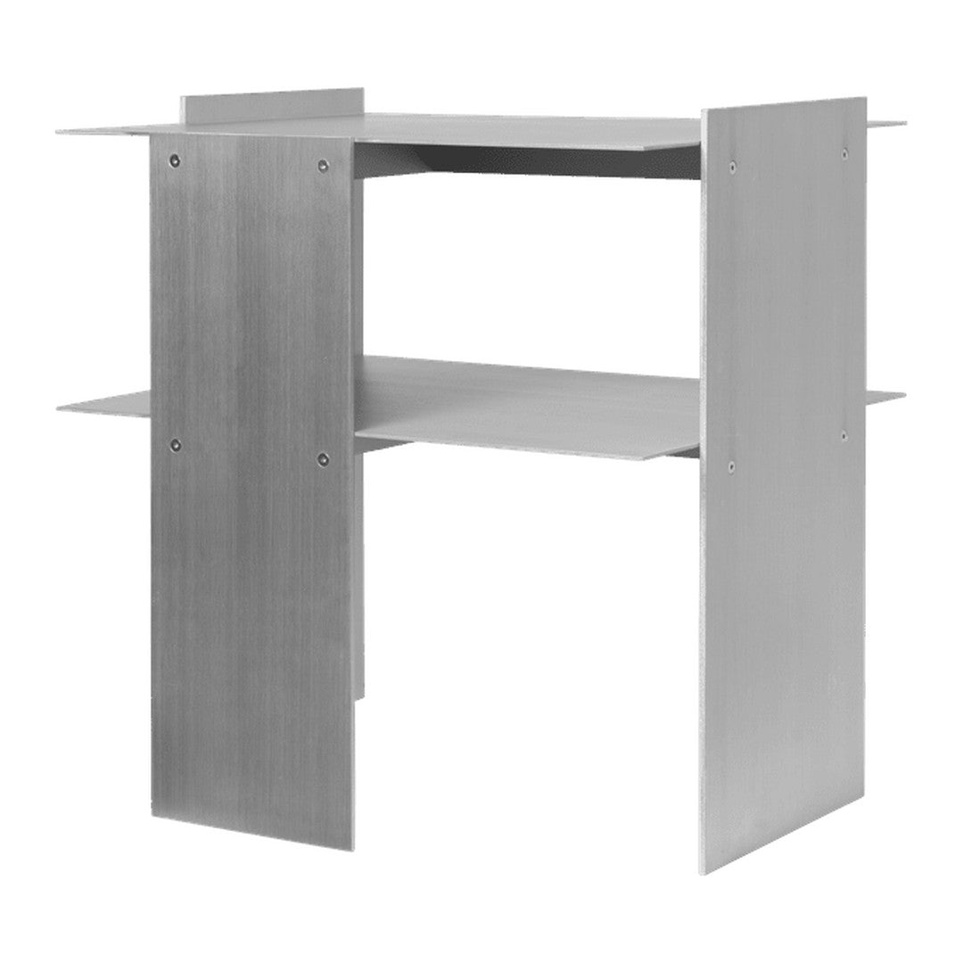 Sleek silver metal table with a minimalist design and smooth, flat surfaces. Elegant and modern aesthetic.