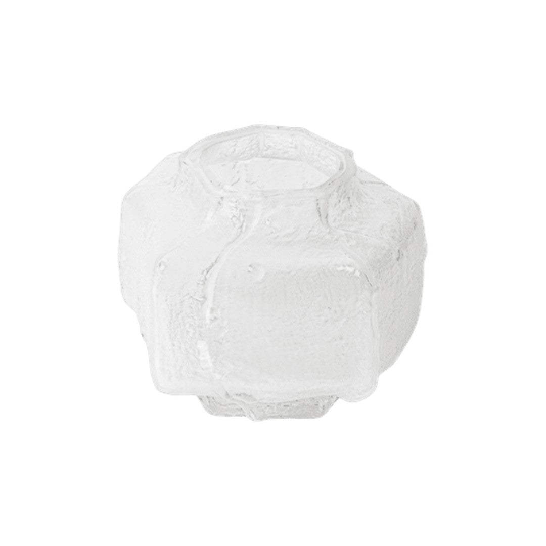 Textured clear glass vase with a unique geometric shape and smooth, glossy finish. Ideal for modern decor.