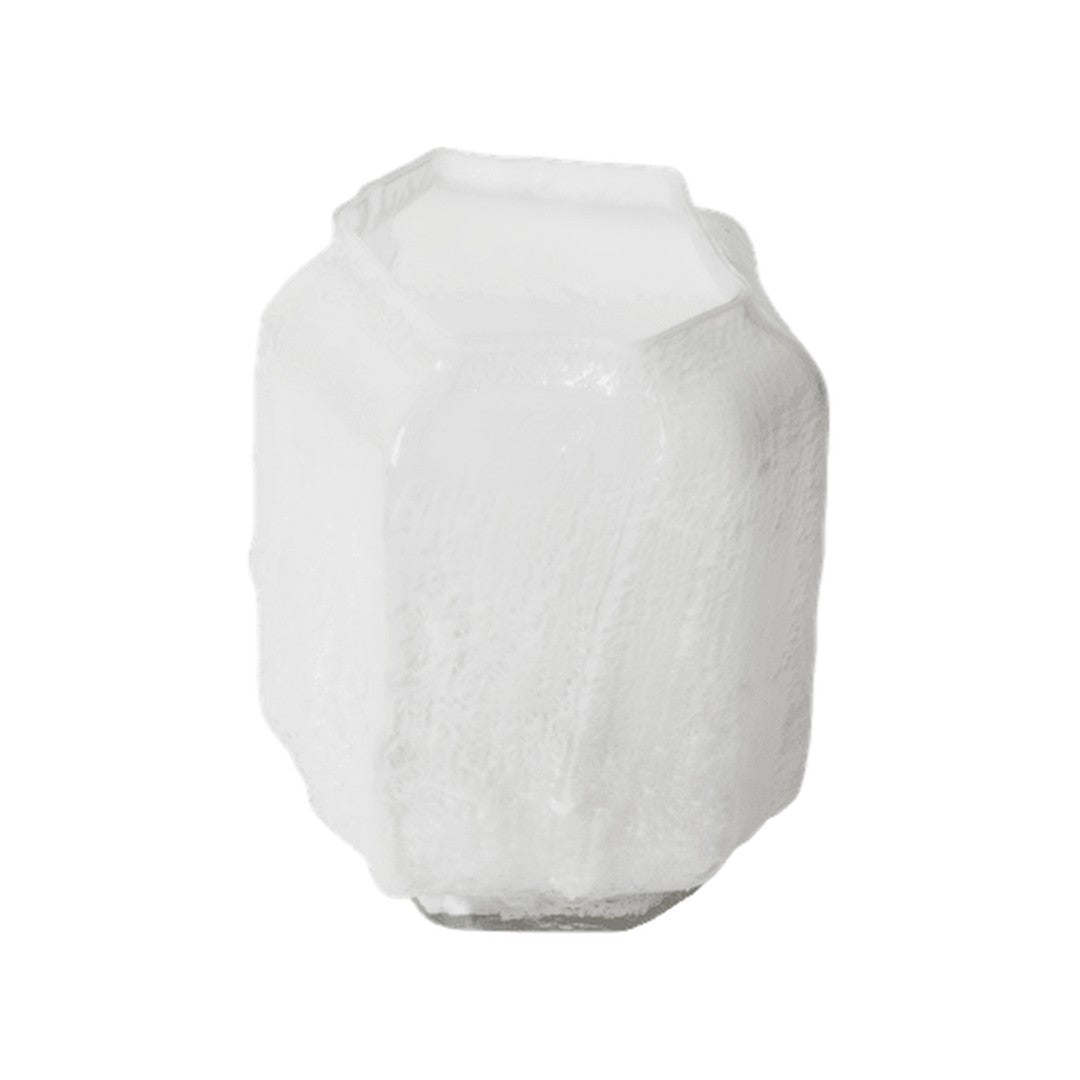 Clear hexagonal vase with textured white surface, adding a modern and elegant touch to any decor.