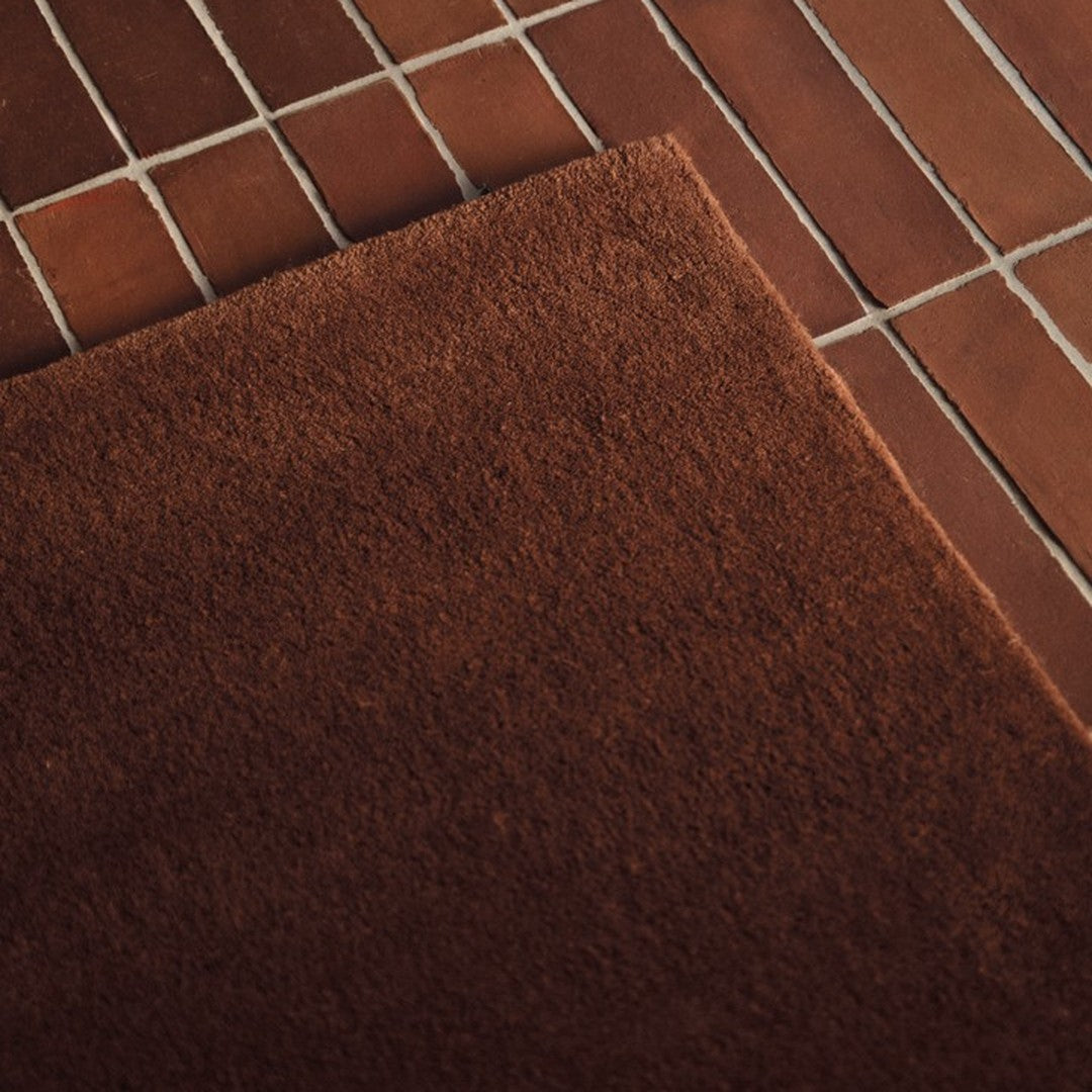 Rich brown textured rug on a contrasting terracotta tile floor, highlighting warm earthy tones.