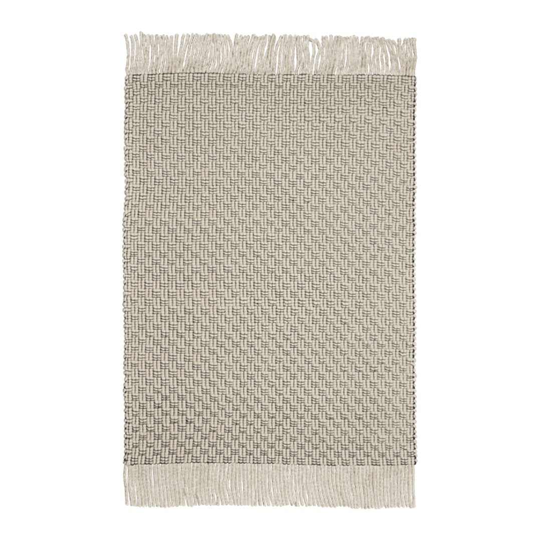 Beige woven rug with intricate diamond pattern and fringed edges, perfect for adding texture and warmth to any space.
