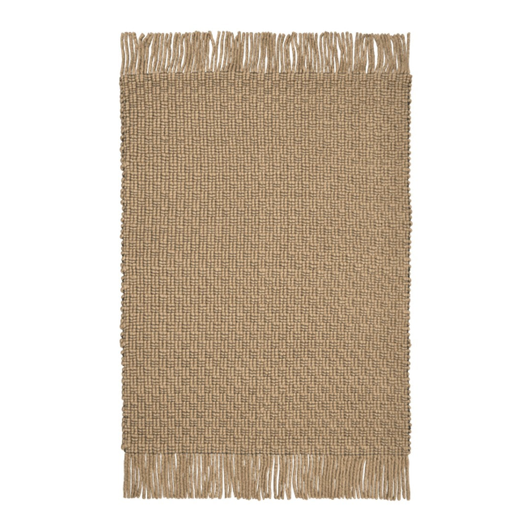 Tan textured area rug with a woven pattern and fringed edges. Perfect for cozy, neutral decor.