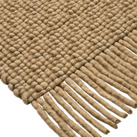 Natural beige woven rug with textured pattern and fringed edges. Perfect for adding warmth to any space.