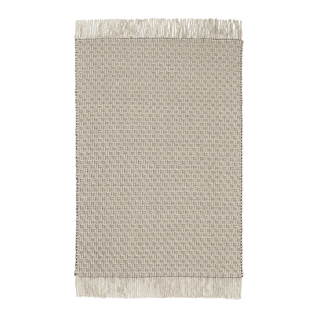 Beige patterned rug with a textured surface and fringed edges, ideal for modern and minimalist decor.