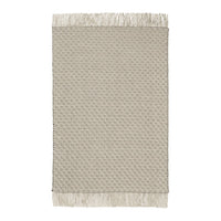 Beige patterned rug with a textured surface and fringed edges, ideal for modern and minimalist decor.