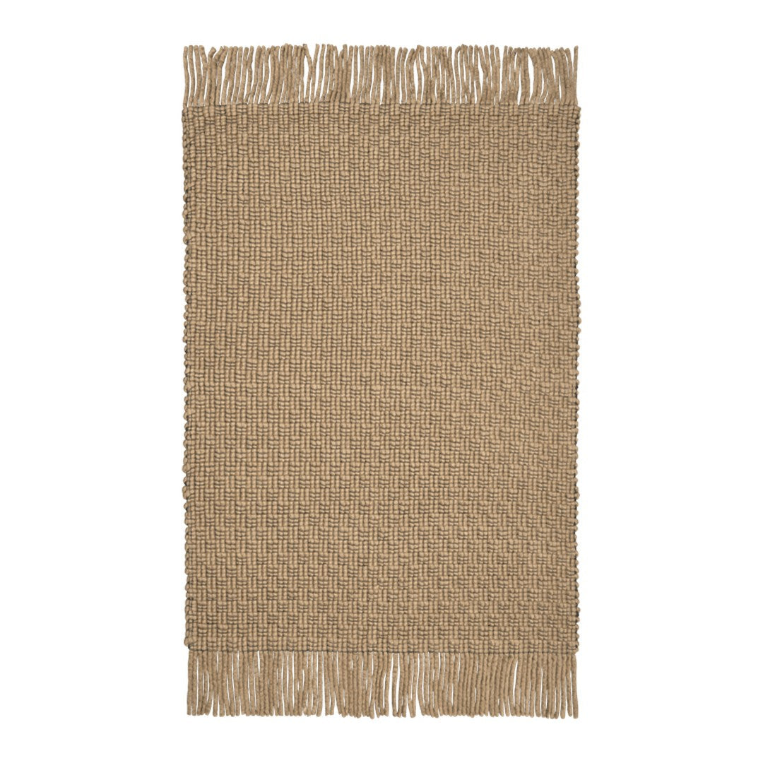 Textured beige rug with fringed edges, featuring a woven pattern for a natural look. Perfect for various decor styles.