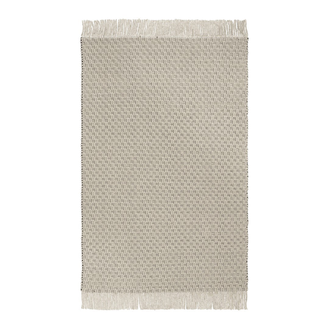 Light gray textured rug with a subtle pattern and fringed edges, perfect for adding elegance to any space.