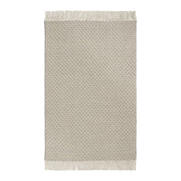 Light gray textured rug with a subtle pattern and fringed edges, perfect for adding elegance to any space.