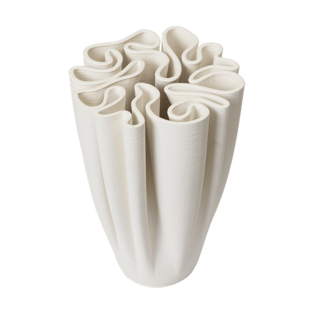 Elegant white vase featuring a unique ruffled design, perfect for adding a touch of modern sophistication.