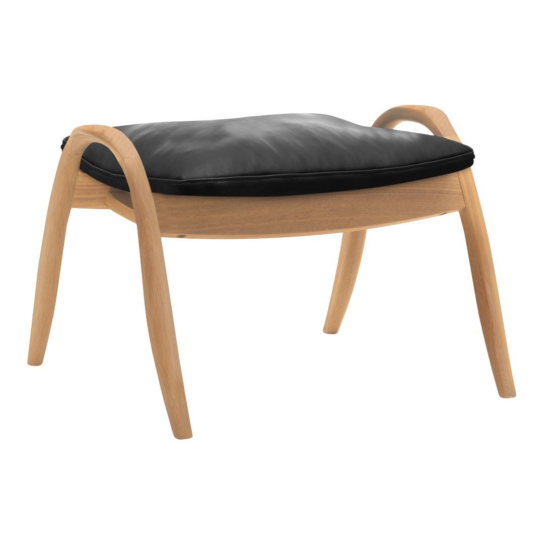 Black cushioned ottoman with natural wood legs, featuring a sleek, minimalist design. Ideal for modern decor.