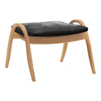 Black cushioned ottoman with natural wood legs, featuring a sleek, minimalist design. Ideal for modern decor.