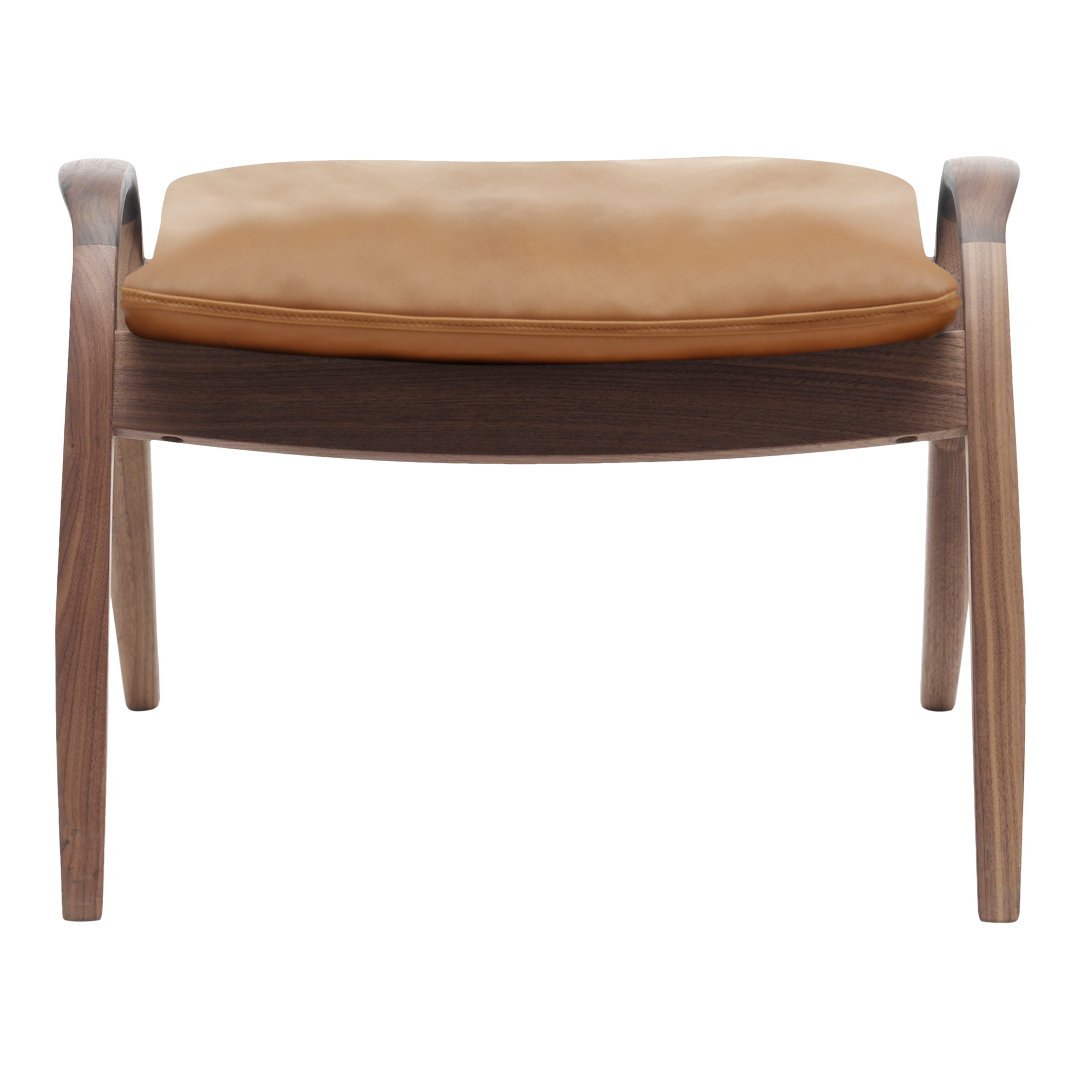 Light brown cushion on a dark wooden frame with smooth, clean lines. Modern and minimalist design.