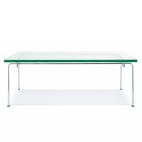 Clear glass coffee table with green-edged top and sleek chrome legs against a white background.