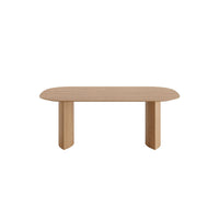Natural wood dining table with smooth, rounded edges and a minimalist design. Ideal for modern decor.
