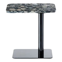 Black and gray speckled marble top table with a sleek black base, modern design, and smooth finish.