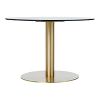 Round black table top supported by a sleek gold base, featuring modern, minimalist design and elegant color contrast.