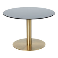 Black round tabletop with a gold metal base, featuring a sleek, modern design and smooth surfaces.