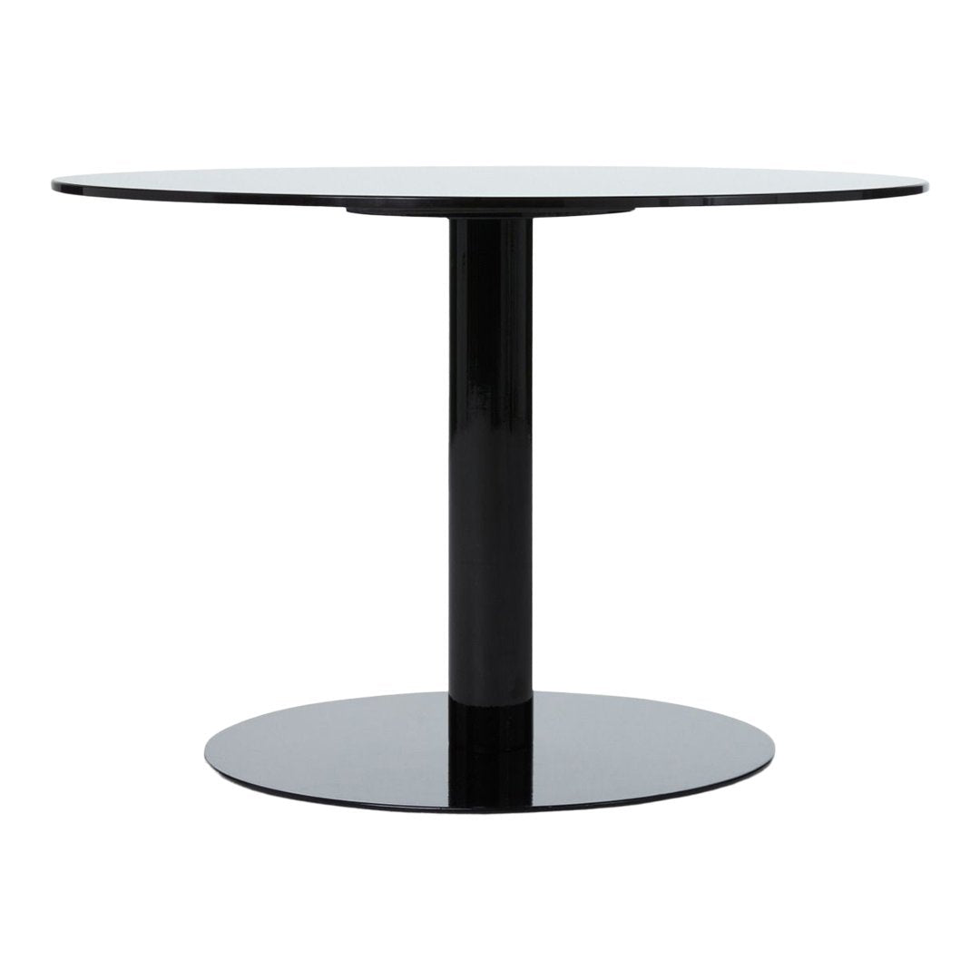 Stylish round dining table in sleek black finish with a modern minimalist design. Perfect for contemporary decor.