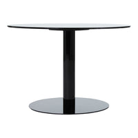 Stylish round dining table in sleek black finish with a modern minimalist design. Perfect for contemporary decor.