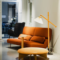 Modern orange couch with cushions, wooden table, and sleek black accent chair in a minimalistic interior setting.