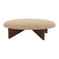 Beige round ottoman with textured fabric and wooden cross legs, perfect for modern interiors.