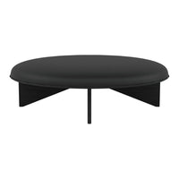Round black coffee table with a smooth surface and minimalist design, featuring geometric black legs.