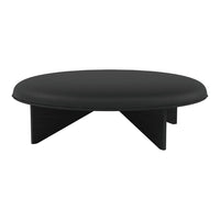 Black round coffee table with a smooth surface and angular legs, showcasing a minimalist design. Perfect for modern decor.