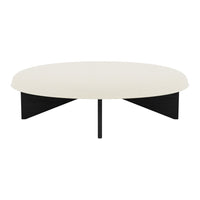 Round coffee table with a smooth white top and sleek black base, featuring minimalist design for modern decor.