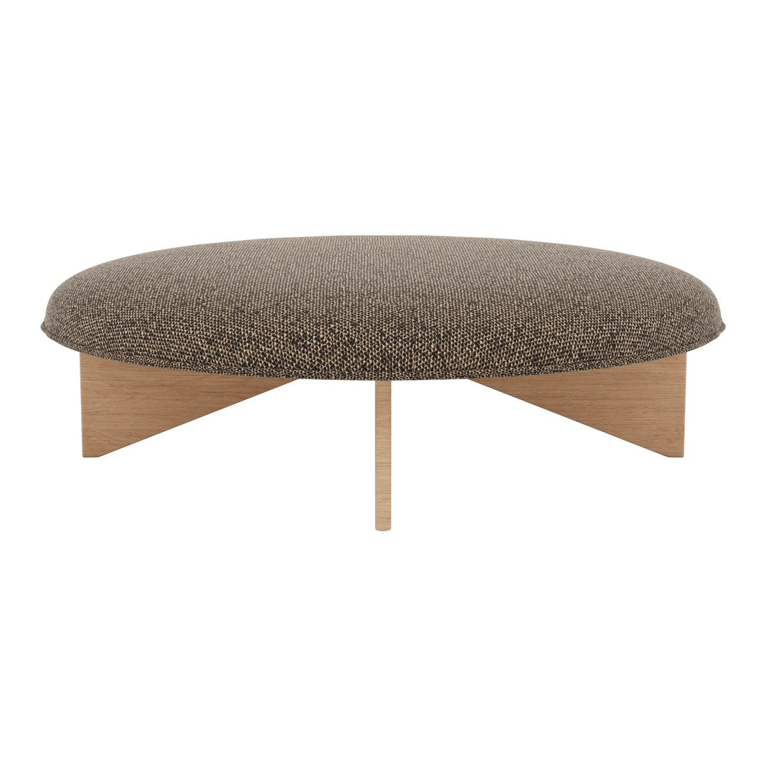 Round, brown upholstered ottoman with a textured pattern and wooden base. Ideal for modern living spaces.