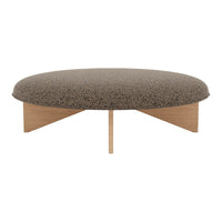 Round, brown upholstered ottoman with a textured pattern and wooden base. Ideal for modern living spaces.