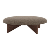 Round ottoman featuring a textured brown fabric top and minimalist wooden legs in a rich walnut finish.